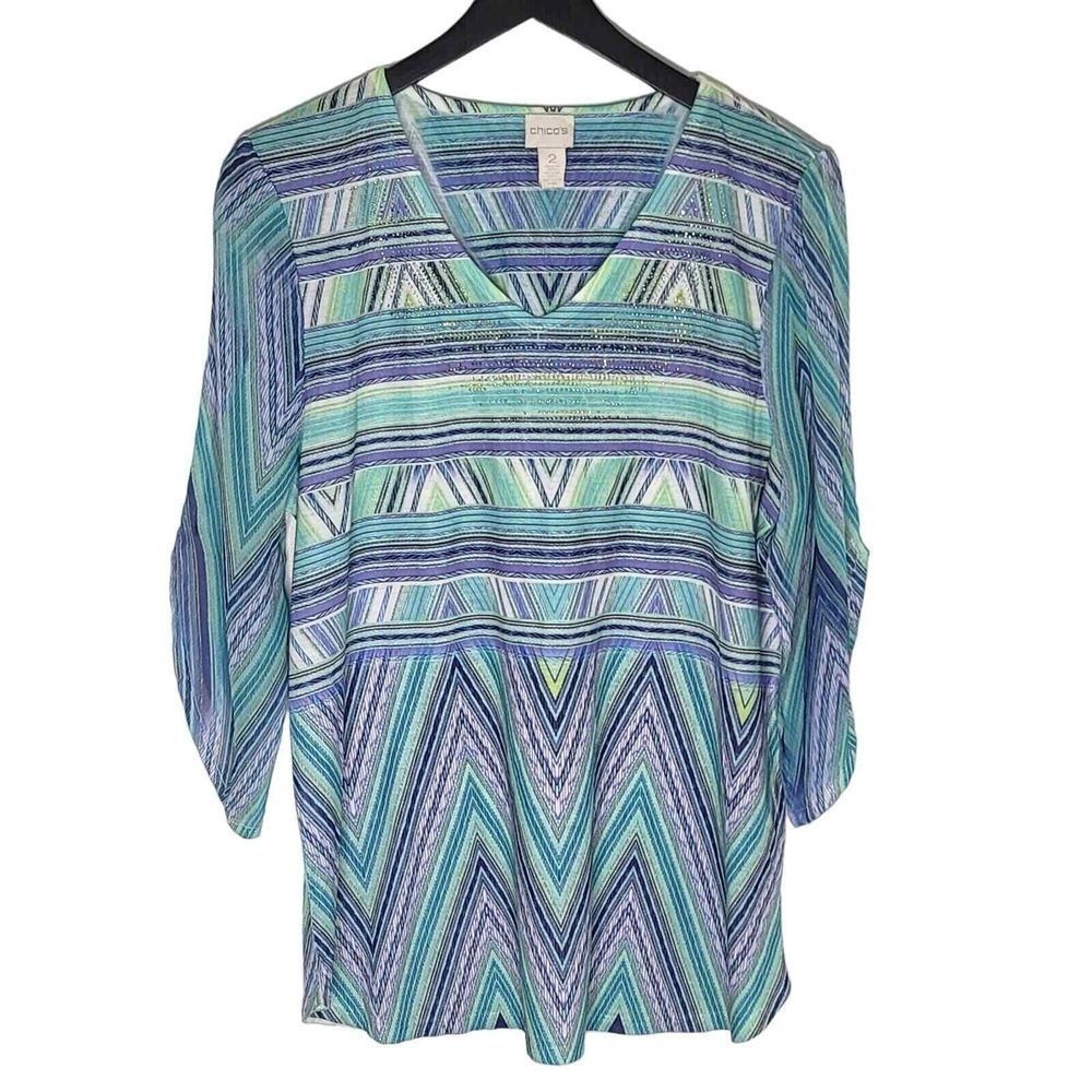 Chico's Top Large‎ Multicolor V-Neck Striped Studded Sheer Bell Sleeve Fairy